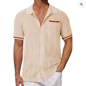 Beige Textured Button Front Shirt Men's L Retro Vintage Neutral Beach Coofandy